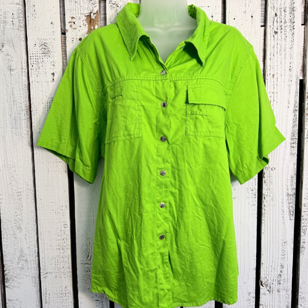 Vtg Carolina Blues Plus Lime Green  Utility Snap Shirt 20W Short Sleeve Cotton